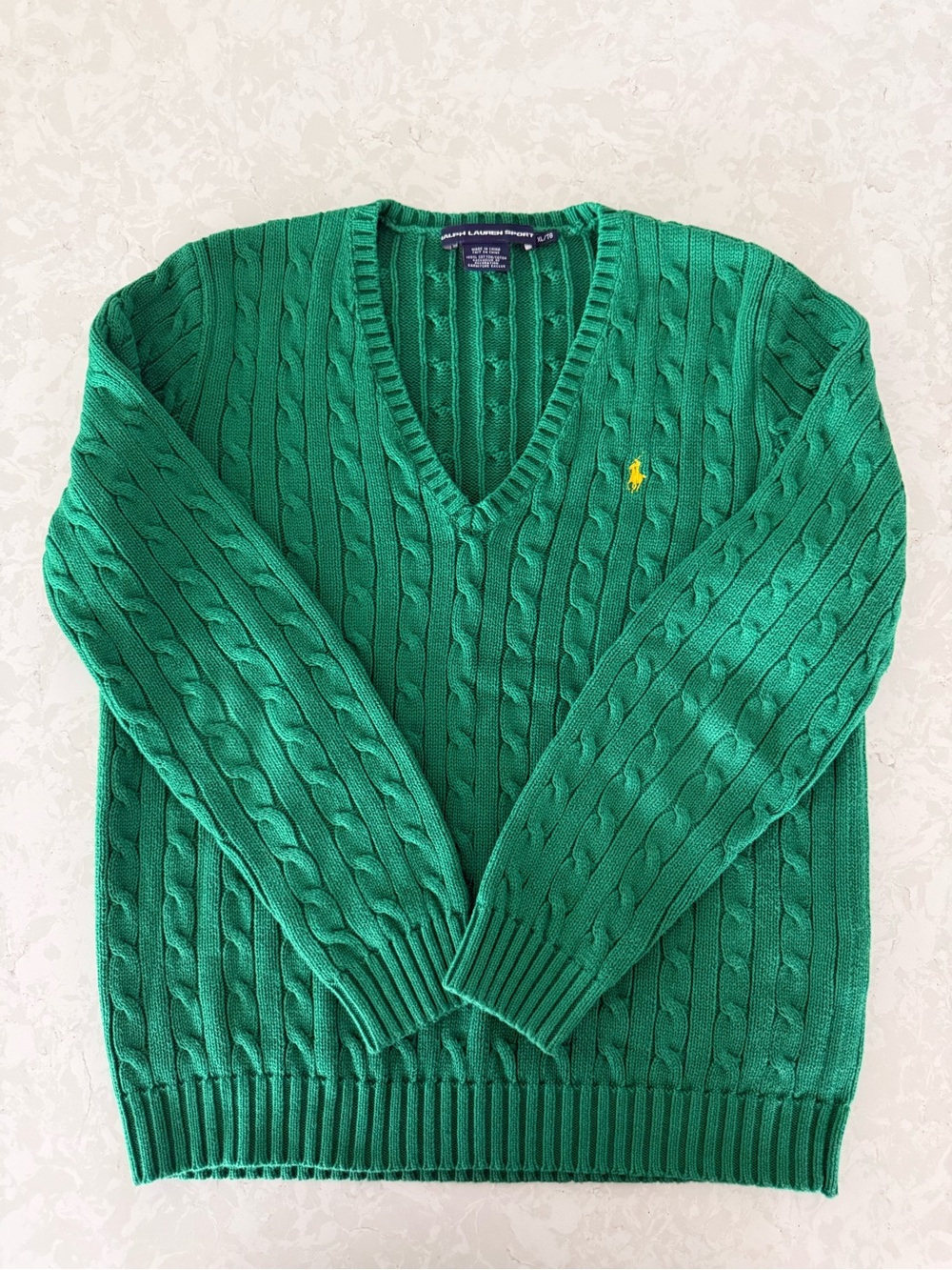 Ralph Lauren Sport Green Cable Knit V-Neck Sweater with Yellow Pony Women’s XL